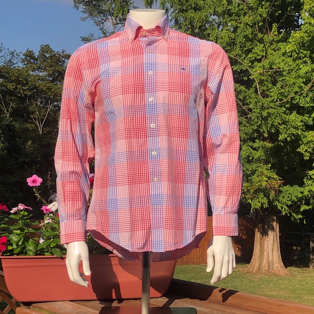 Mens Vineyard Vines Plaid Button Down Shirt S Red and Blue Casual